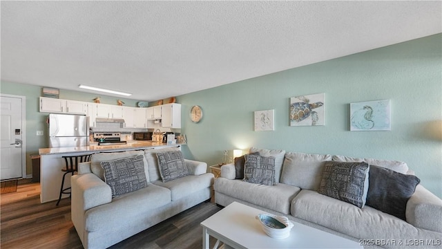 living room featuring a textured ceiling and dark hardwood / wood-style flooring