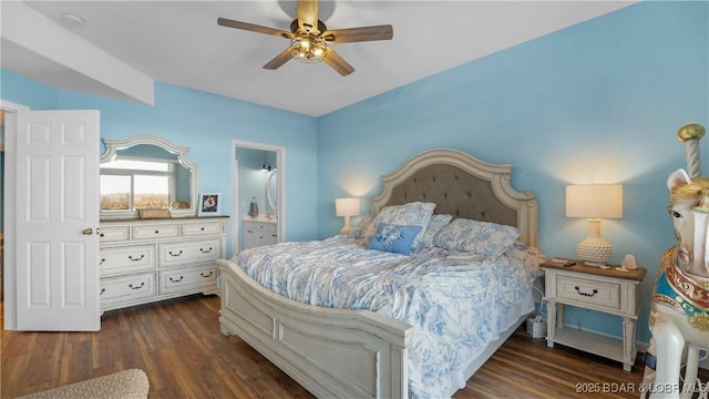 bedroom featuring dark wood-type flooring, ceiling fan, and ensuite bathroom