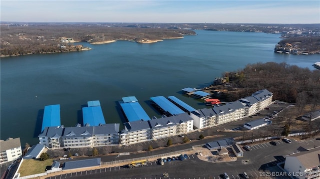 aerial view featuring a water view