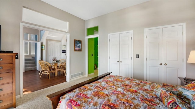 bedroom featuring multiple closets and carpet flooring