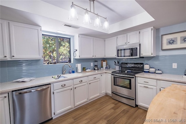 kitchen with pendant lighting, white cabinetry, sink, a tray ceiling, and stainless steel appliances