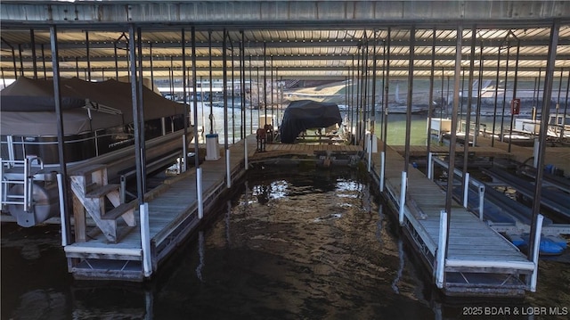 view of stable with a water view