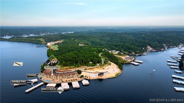 drone / aerial view featuring a water view