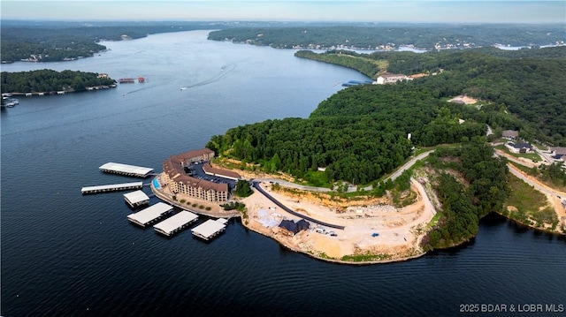 drone / aerial view with a water view