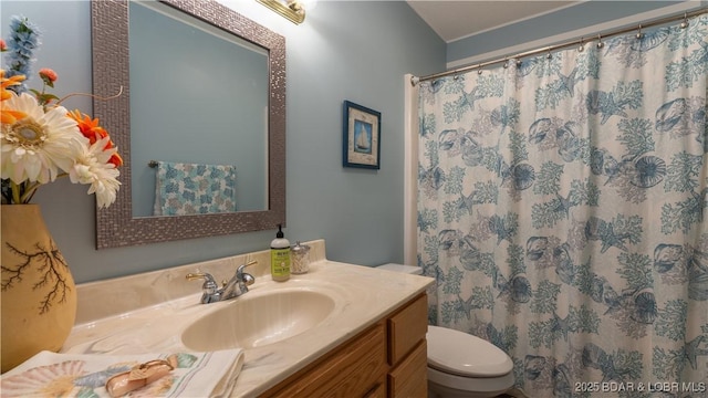 bathroom with vanity, toilet, and a shower with shower curtain