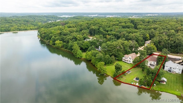 bird's eye view with a water view