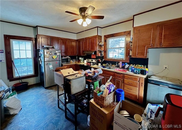 kitchen with sink, a textured ceiling, appliances with stainless steel finishes, ornamental molding, and ceiling fan