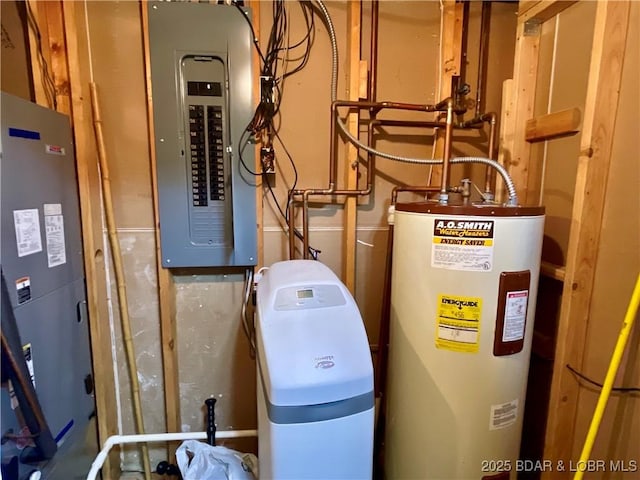 utility room featuring electric panel and water heater