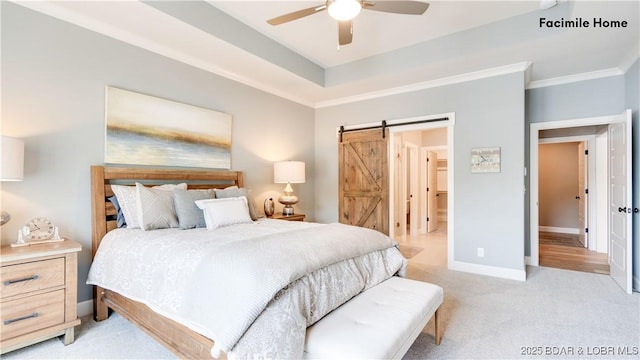 bedroom with crown molding, ceiling fan, a barn door, light colored carpet, and a raised ceiling