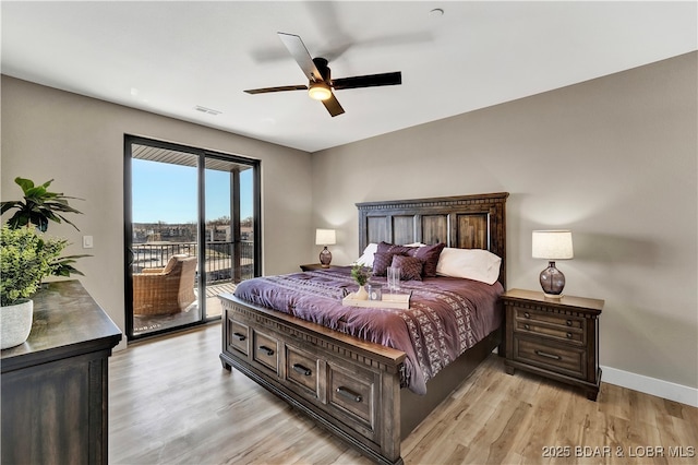 bedroom with ceiling fan, light hardwood / wood-style floors, and access to outside