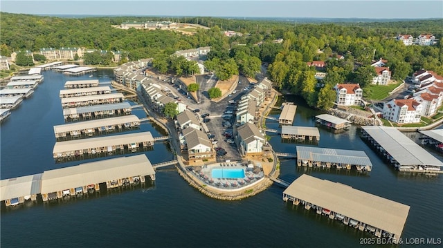 drone / aerial view with a water view and a wooded view