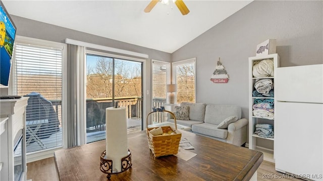 living room featuring ceiling fan, vaulted ceiling, and wood finished floors