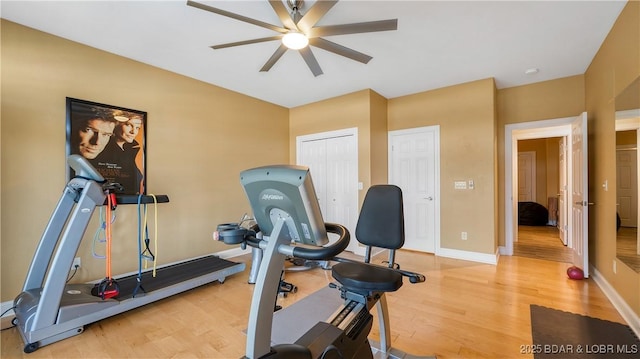 workout room with ceiling fan and light hardwood / wood-style floors