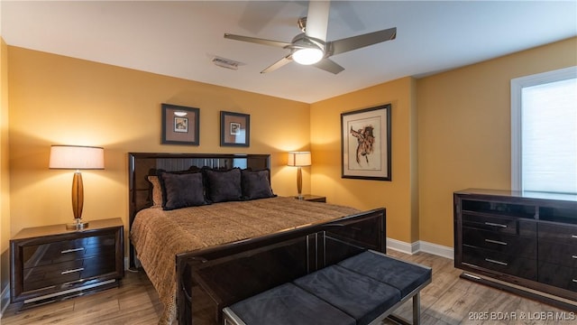 bedroom featuring ceiling fan and light hardwood / wood-style floors