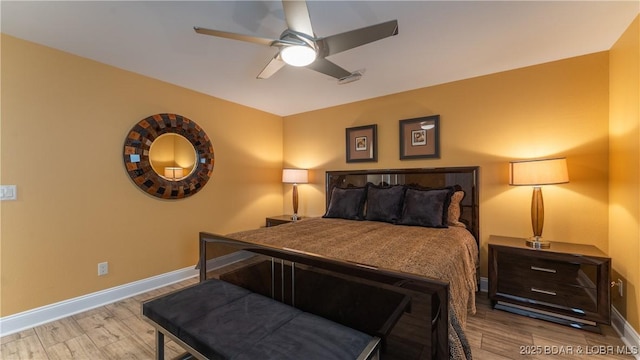 bedroom with ceiling fan and light wood-type flooring