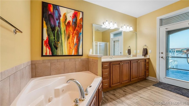 bathroom with vanity, separate shower and tub, and hardwood / wood-style floors