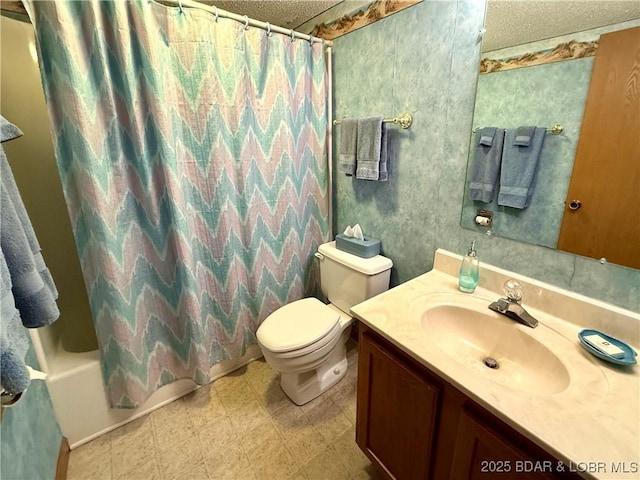 full bathroom featuring vanity, shower / tub combo, a textured ceiling, and toilet