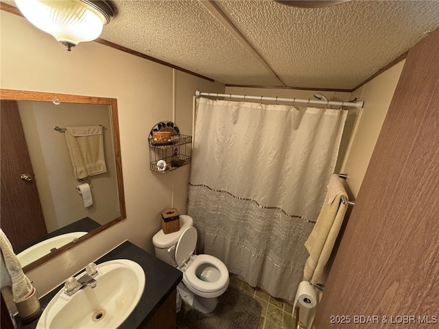 bathroom featuring vanity, ornamental molding, toilet, a textured ceiling, and a shower with shower curtain