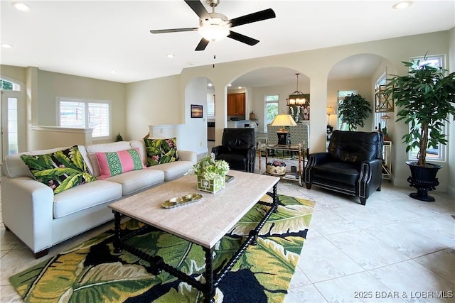 living room featuring ceiling fan