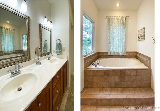 bathroom with tiled tub, vanity, and tile patterned floors