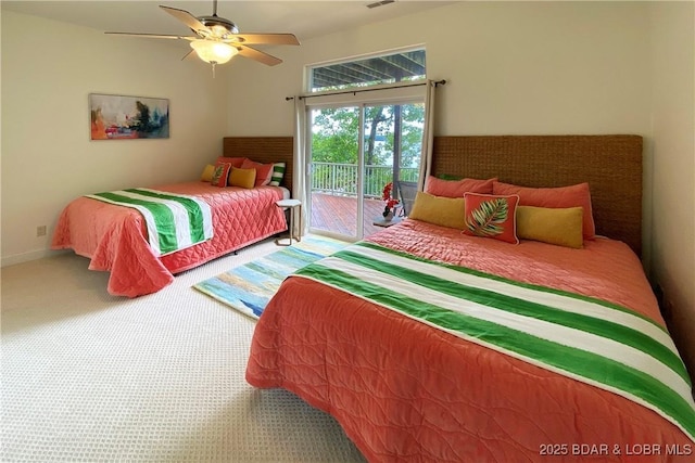 bedroom with access to exterior, carpet floors, and ceiling fan