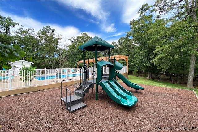 view of jungle gym featuring a fenced in pool