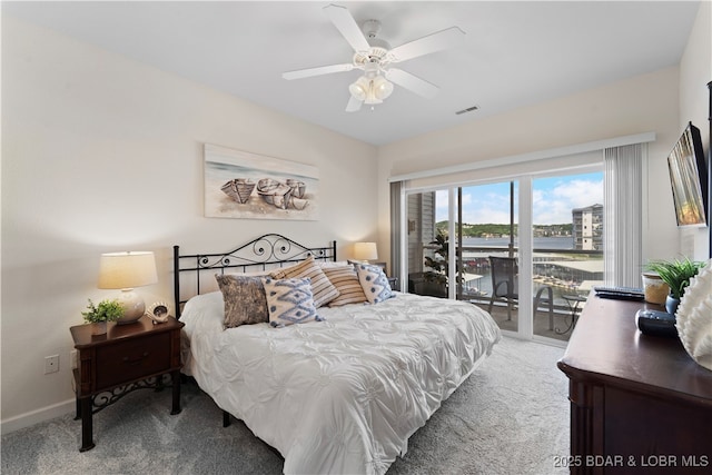 bedroom featuring carpet floors, access to exterior, and ceiling fan