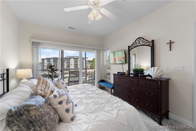 bedroom with light carpet, access to outside, and ceiling fan