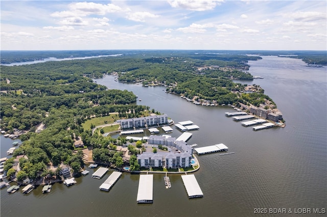 birds eye view of property with a water view