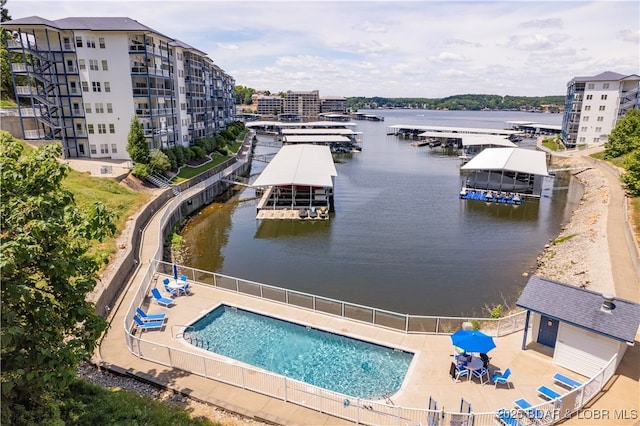 exterior space with a water view