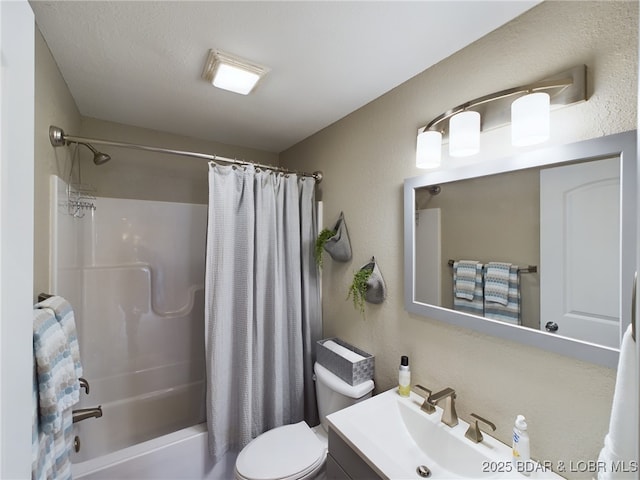 full bathroom with vanity, shower / bathtub combination with curtain, and toilet