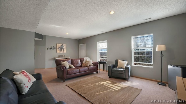 living room featuring light carpet and a textured ceiling