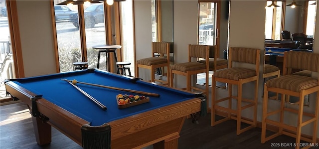 recreation room featuring dark hardwood / wood-style flooring and billiards