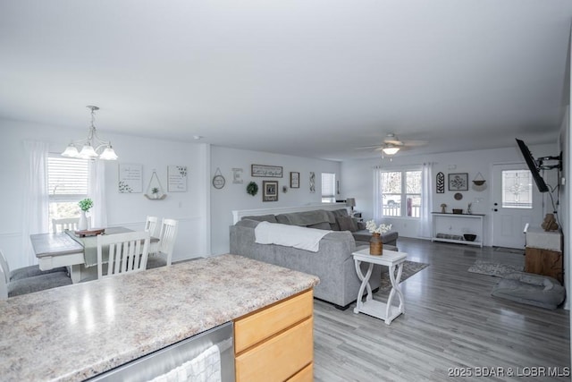 interior space featuring dark hardwood / wood-style flooring and ceiling fan with notable chandelier