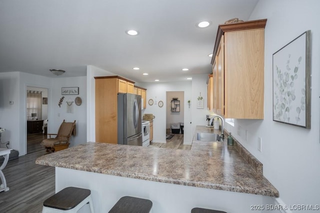 kitchen featuring sink, a breakfast bar area, stainless steel fridge, kitchen peninsula, and electric stove