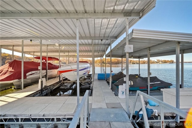 view of dock with a water view