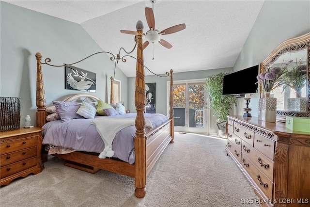 bedroom with lofted ceiling, access to exterior, light colored carpet, and a textured ceiling