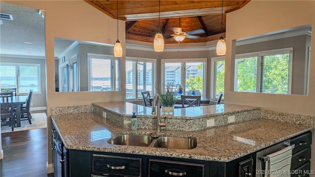 kitchen with sink, wood ceiling, hanging light fixtures, ornamental molding, and dark hardwood / wood-style flooring