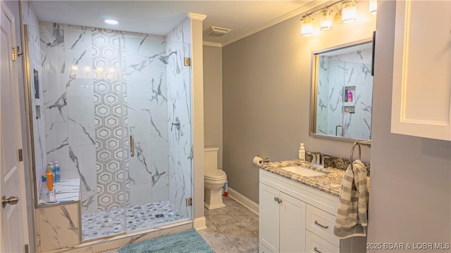 bathroom with vanity, ornamental molding, toilet, and walk in shower