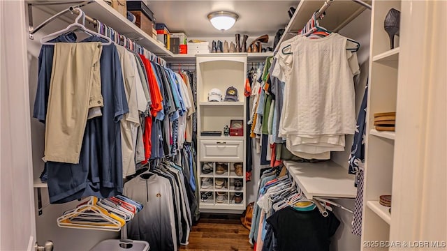 walk in closet with dark hardwood / wood-style flooring