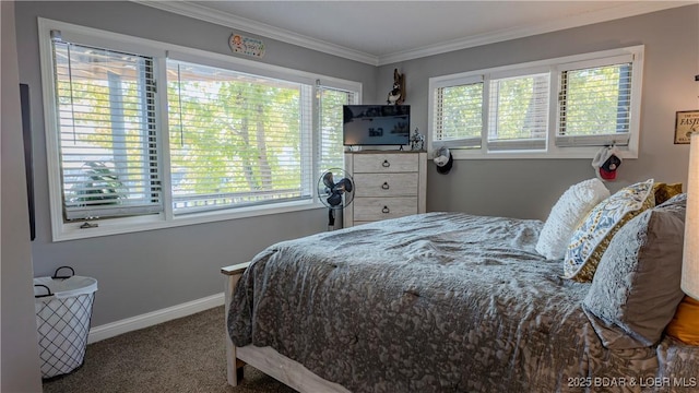 carpeted bedroom featuring ornamental molding