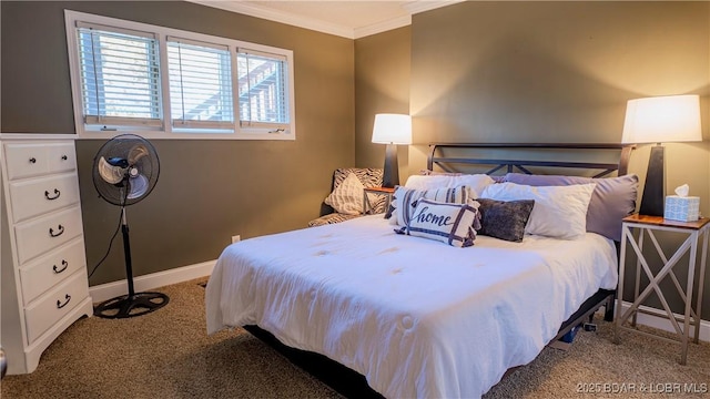 bedroom featuring ornamental molding and light colored carpet