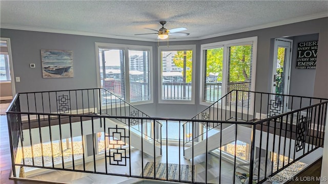 interior space featuring ornamental molding and a textured ceiling