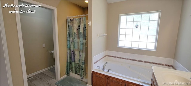 bathroom featuring independent shower and bath and vanity