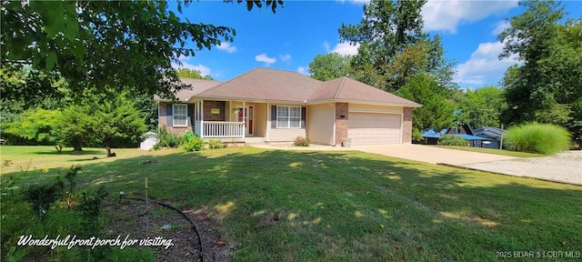 ranch-style house featuring a garage, a front lawn, and a porch