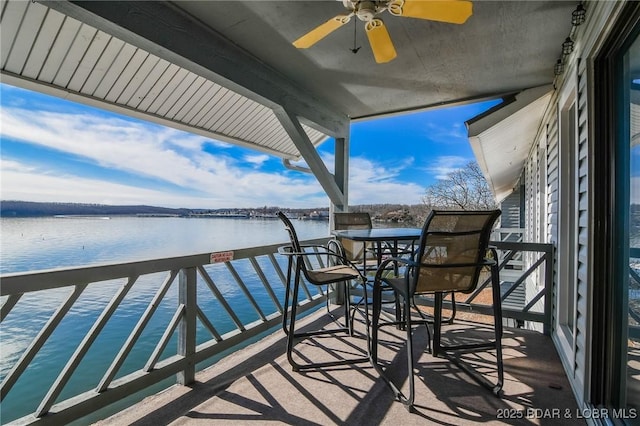 balcony featuring ceiling fan and a water view