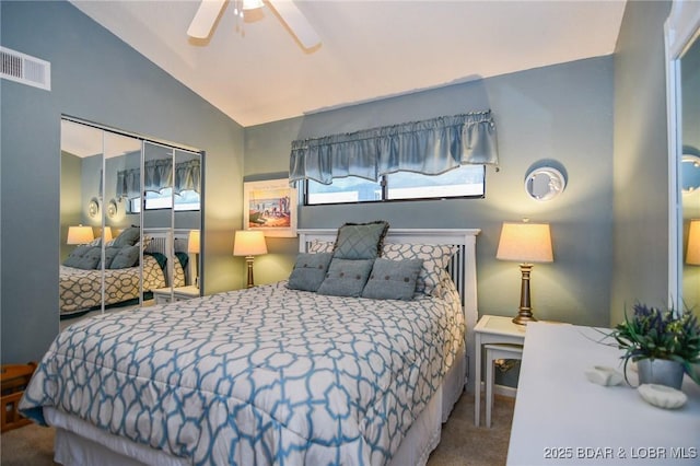 788 Kersten Way Unit A308, Osage Beach, MO 65065 - bedroom featuring carpet flooring, vaulted ceiling, a closet, and a ceiling fan