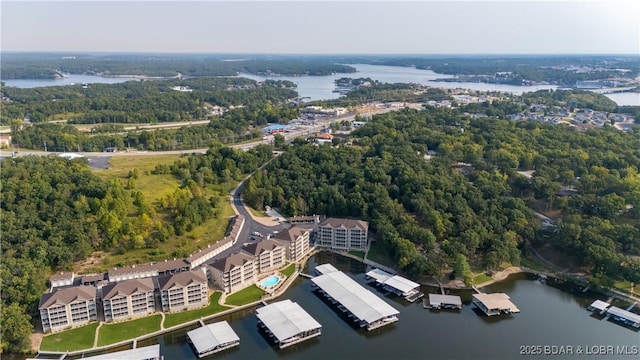 drone / aerial view with a water view