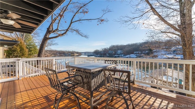 wooden terrace featuring ceiling fan and a water view