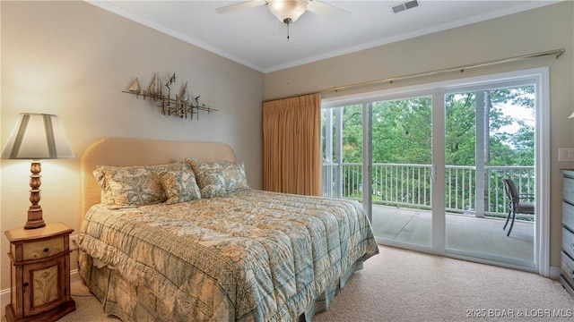 carpeted bedroom with ornamental molding, multiple windows, and access to outside